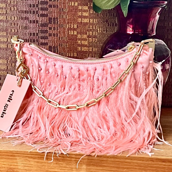 🌺🎉HP🎉🌺 NWT Cult Gaia Gia Ostrich Feather & Pearl Shoulder Bag Azalea 🌟Rare🌟 - Picture 4 of 16
